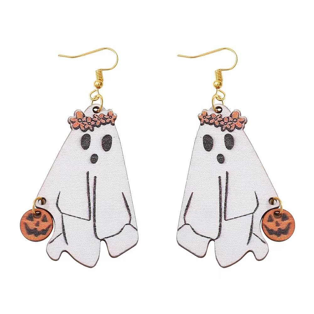 Ghost Wooden Earrings With Jack-O'-Lantern