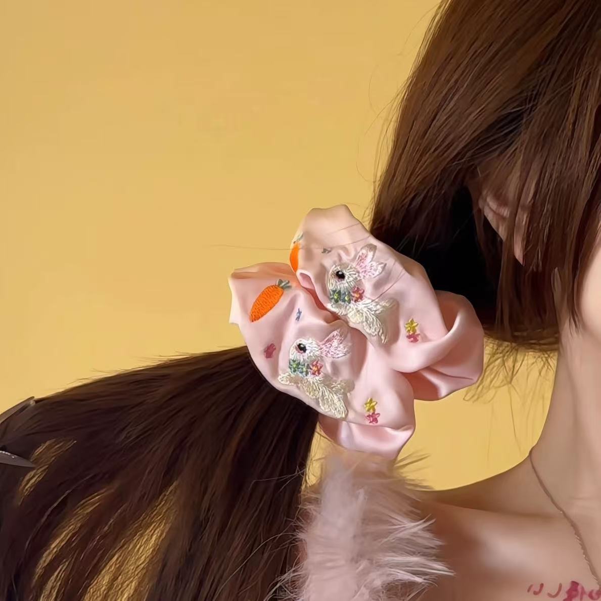 Embroidered Rabbit Scrunchie within Pink