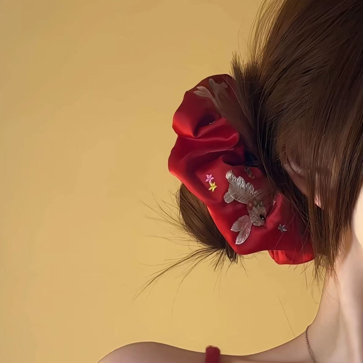 Embroidered Rabbit Scrunchie within Red