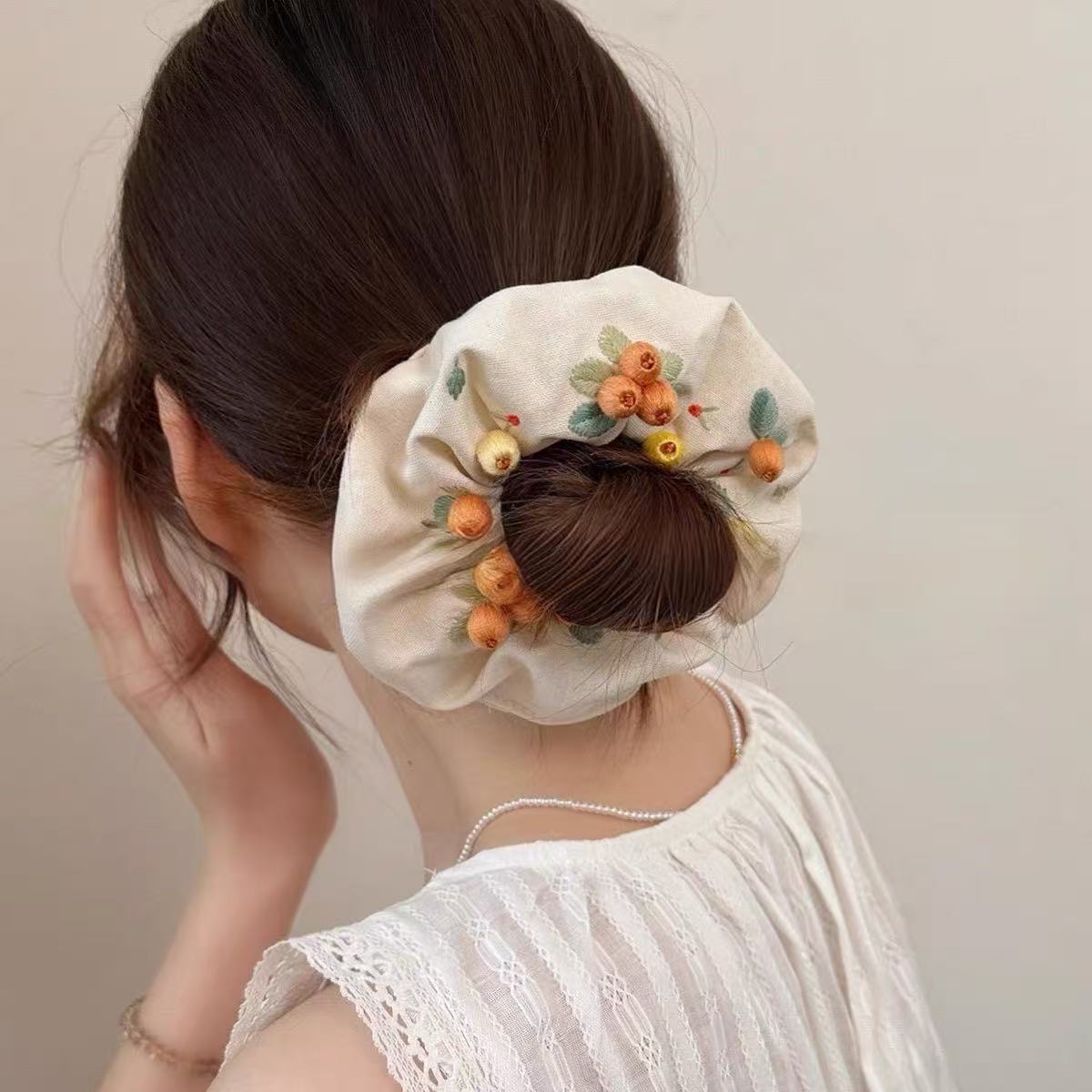 Embroidered Fruit Scrunchie