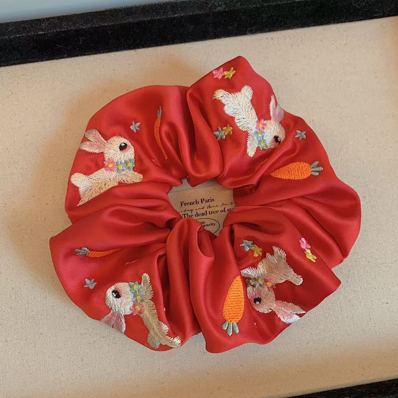 Embroidered Rabbit Scrunchie within Red