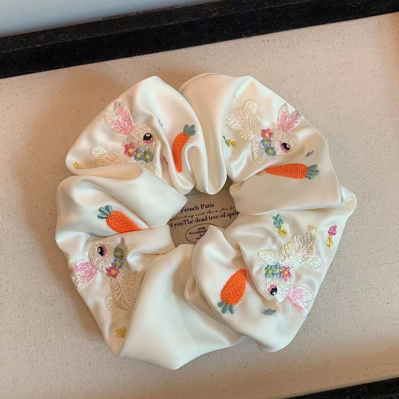Embroidered Rabbit Scrunchie within White