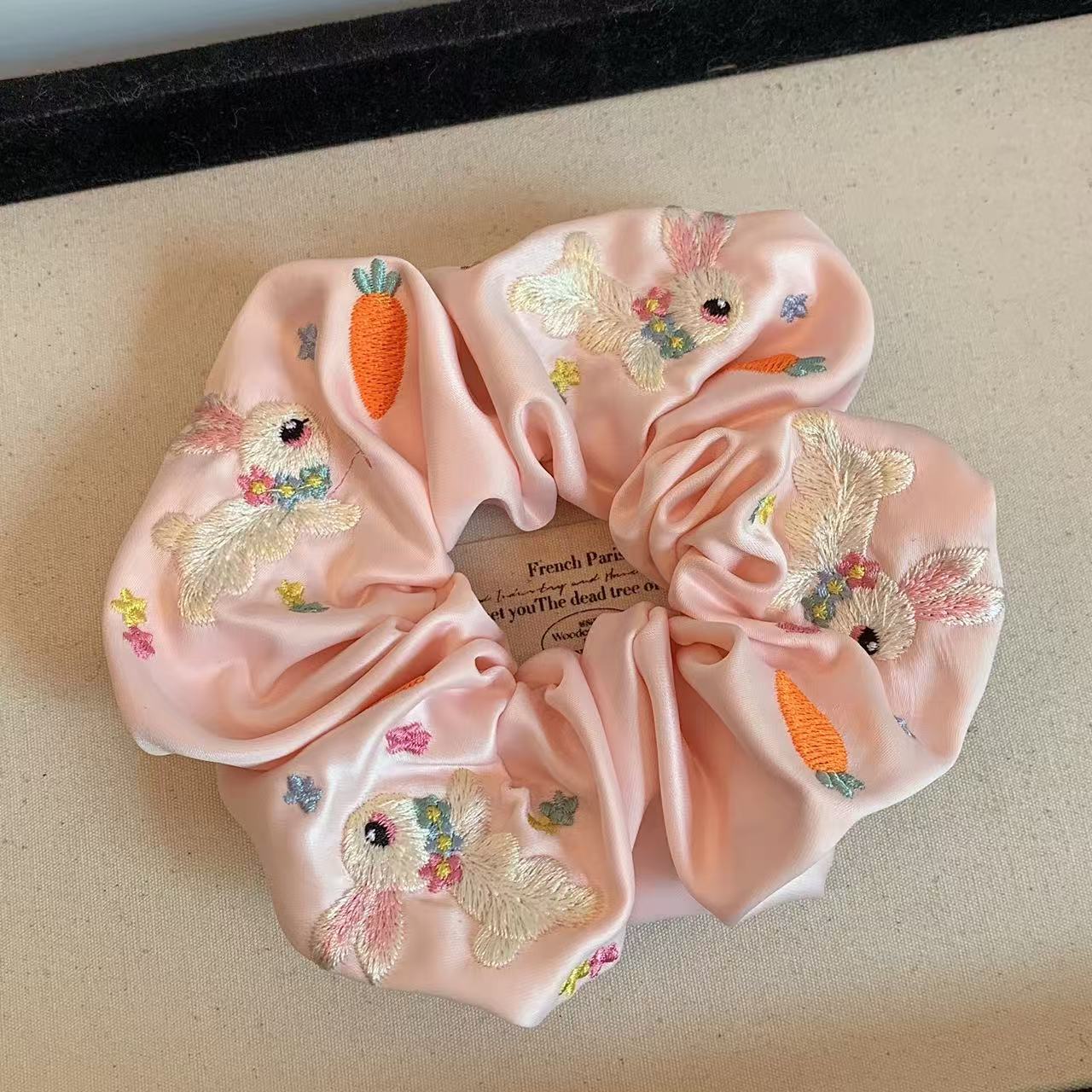 Embroidered Rabbit Scrunchie within Pink