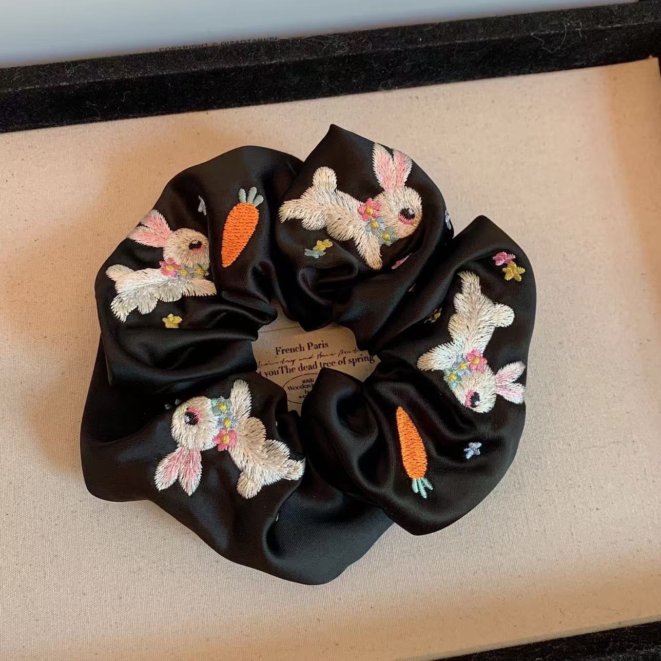 Embroidered Rabbit Scrunchie within Black