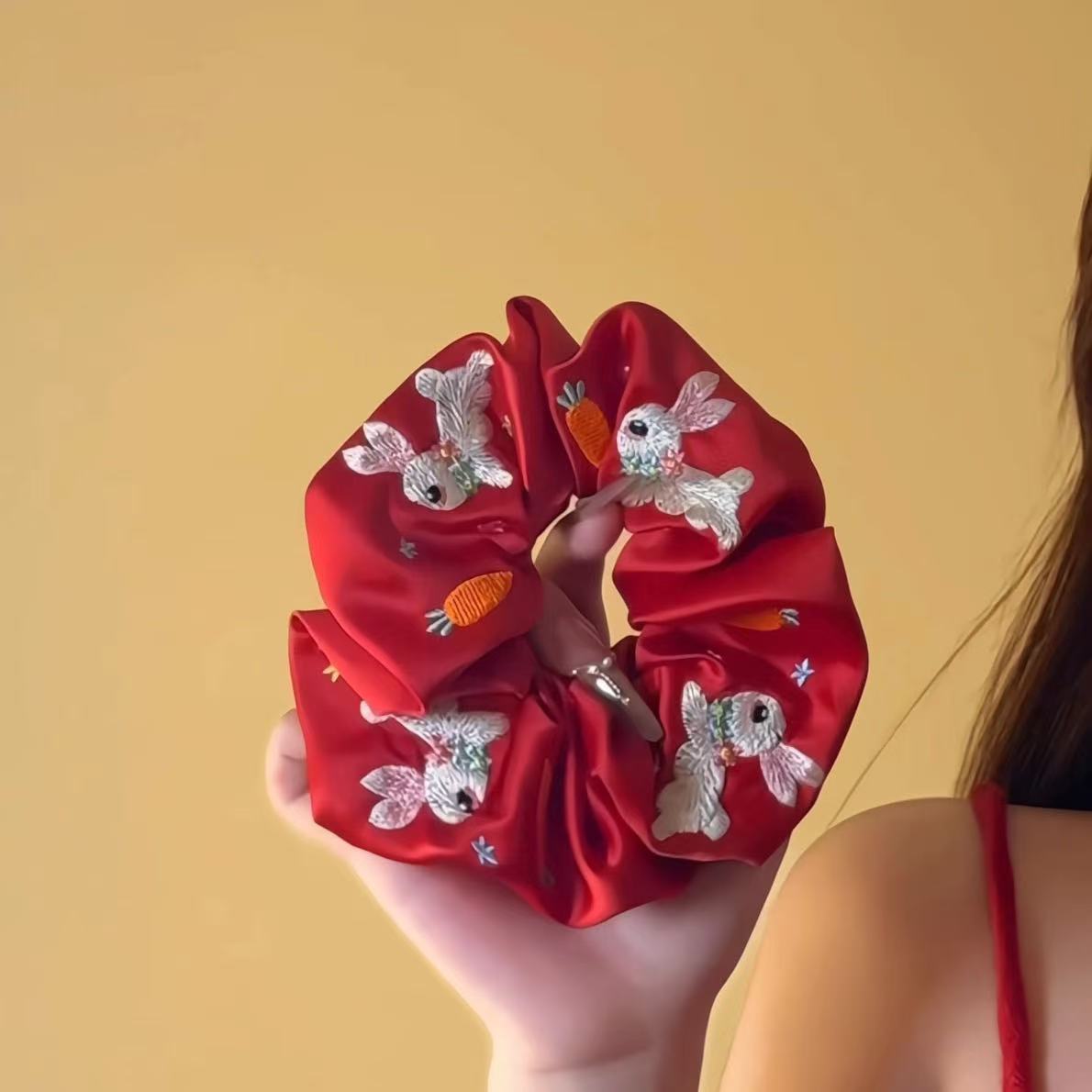 Embroidered Rabbit Scrunchie within Red