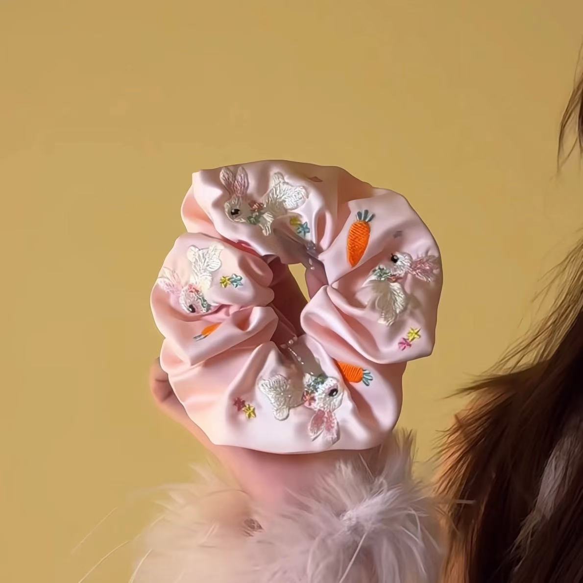 Embroidered Rabbit Scrunchie within Pink