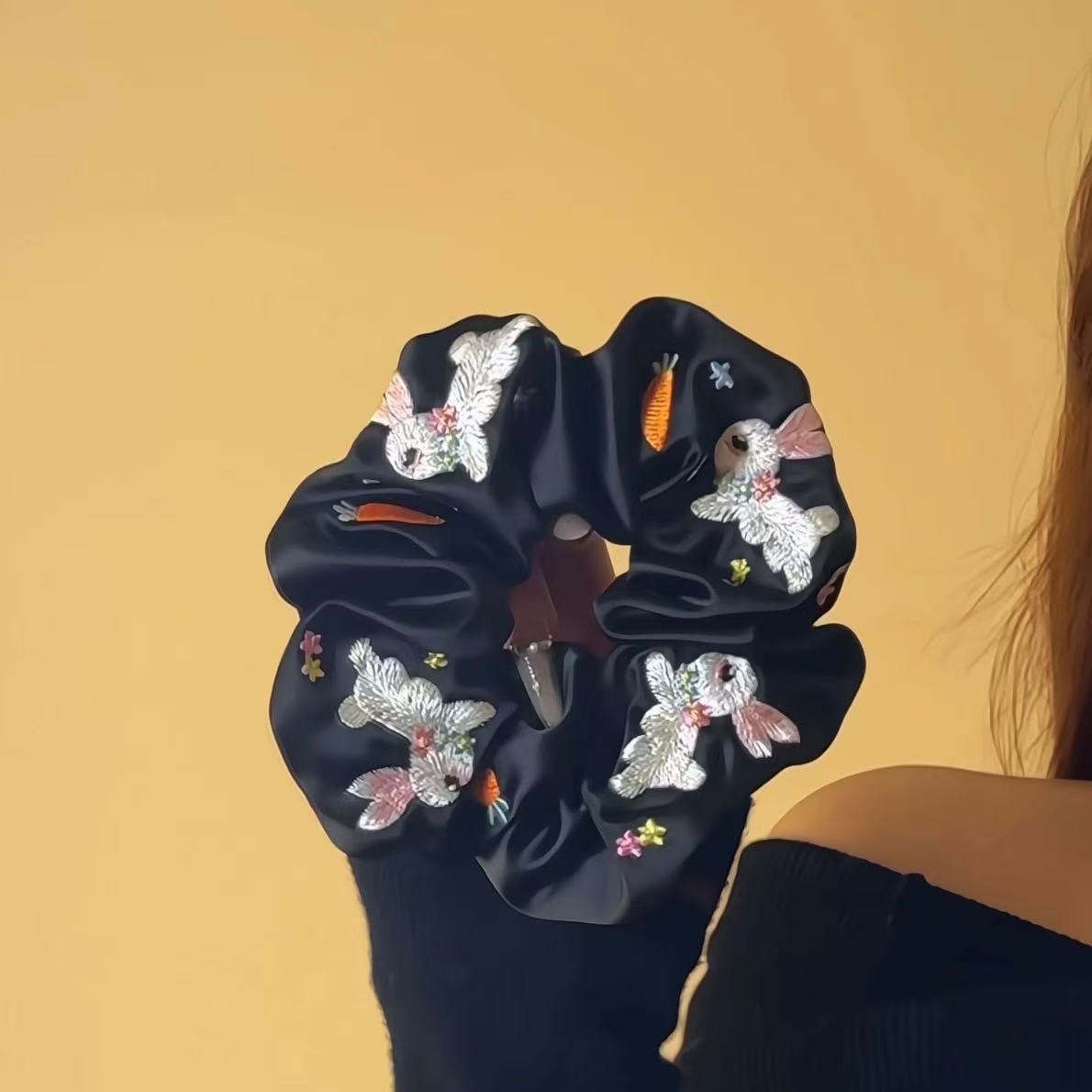 Embroidered Rabbit Scrunchie within Black
