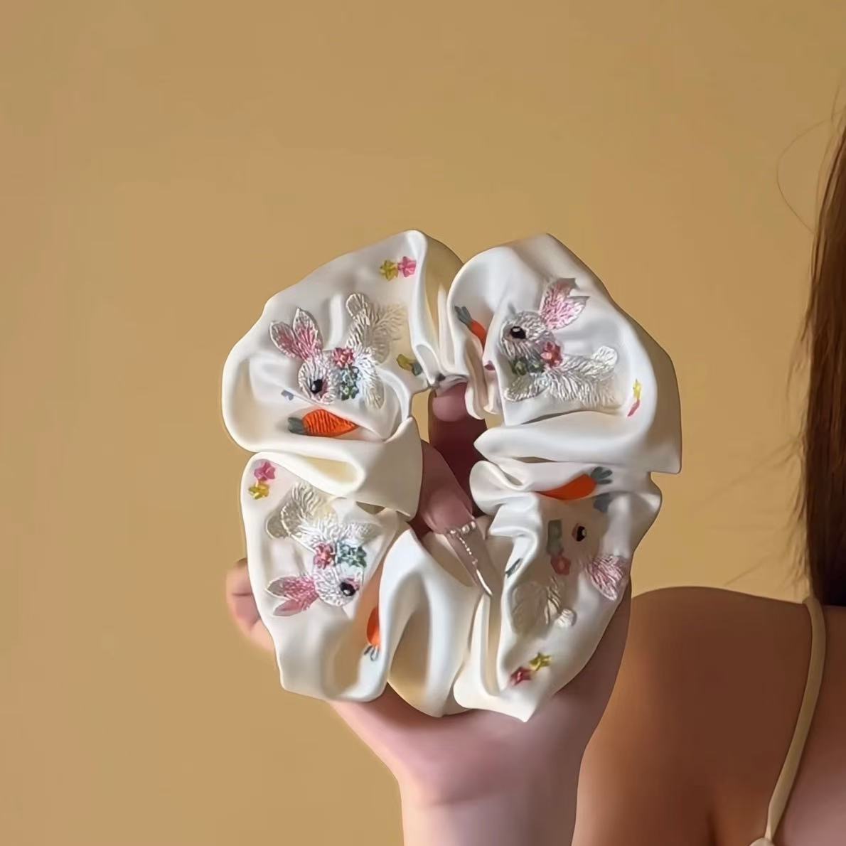 Embroidered Rabbit Scrunchie within White