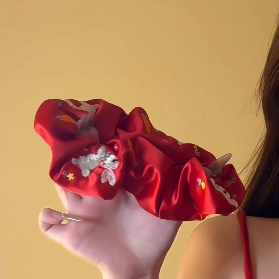 Embroidered Rabbit Scrunchie within Red