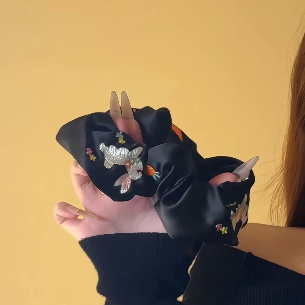 Embroidered Rabbit Scrunchie within Black