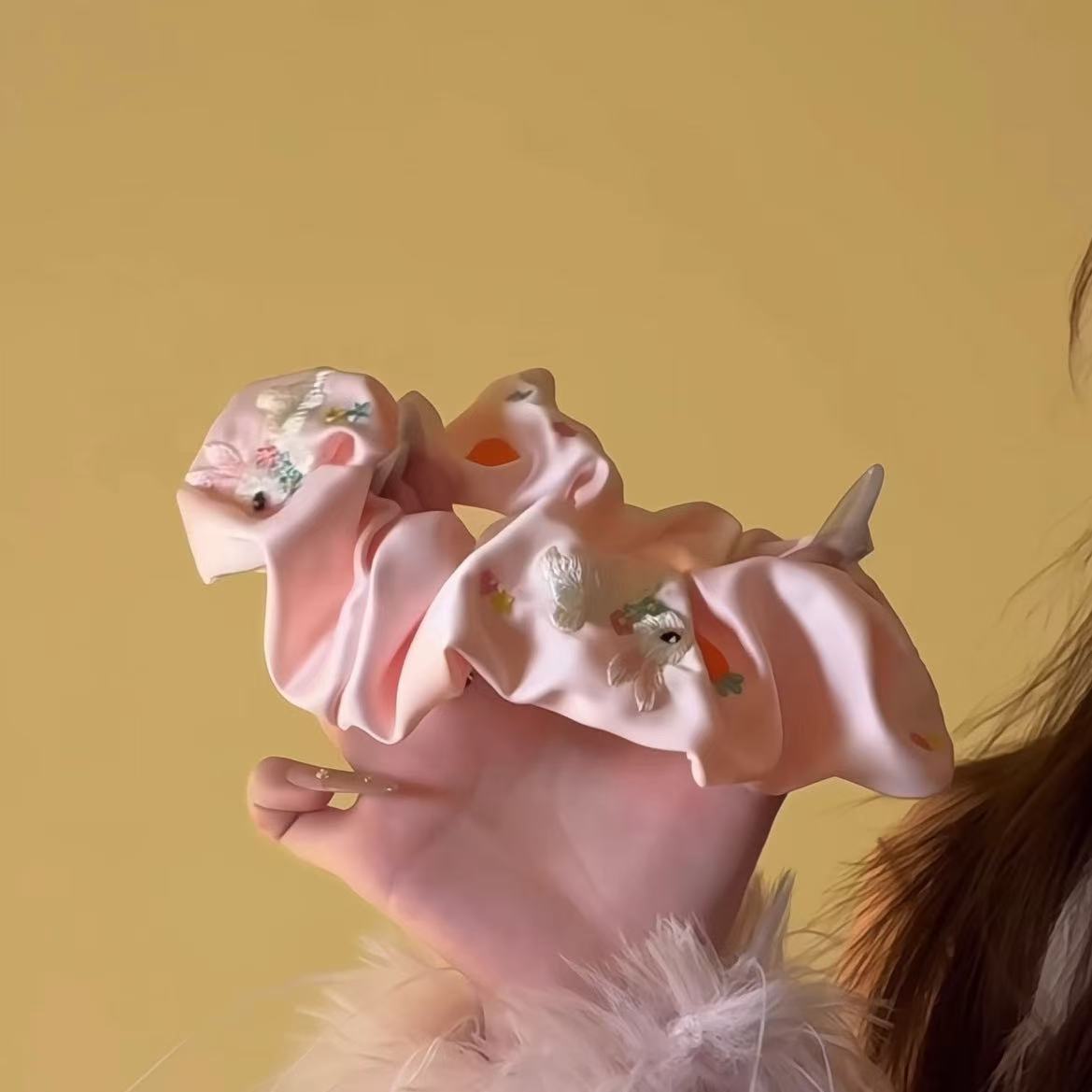 Embroidered Rabbit Scrunchie within Pink