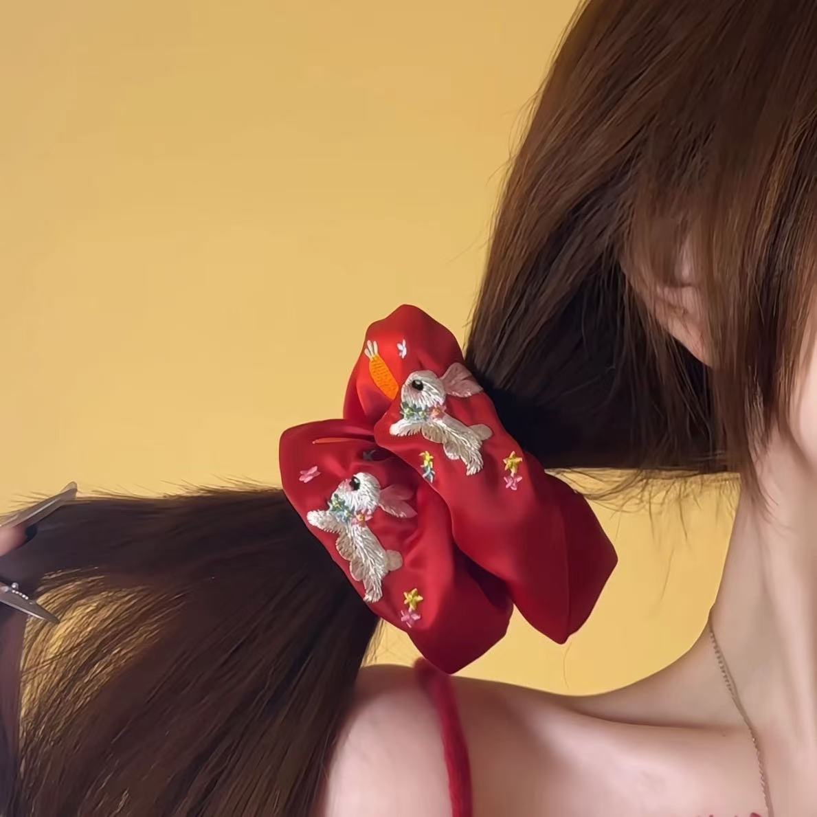 Embroidered Rabbit Scrunchie within Red