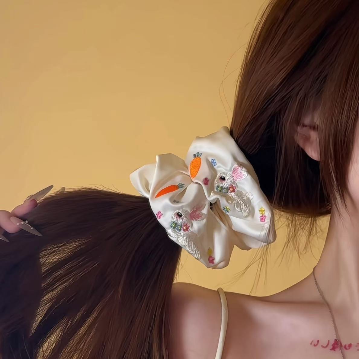 Embroidered Rabbit Scrunchie within White