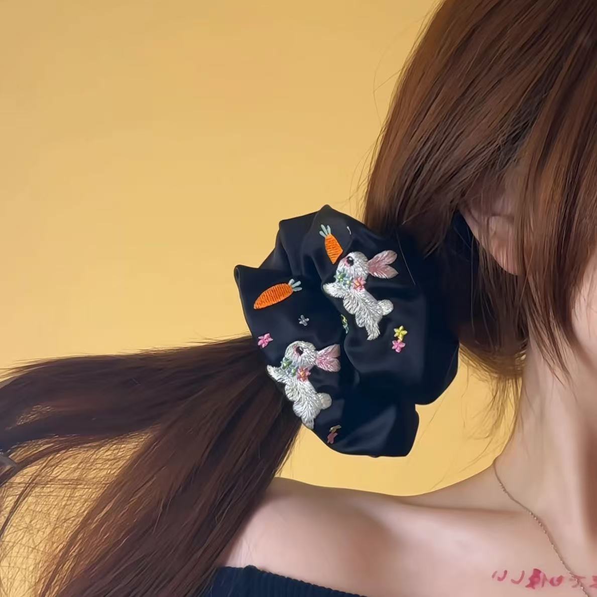 Embroidered Rabbit Scrunchie within Black