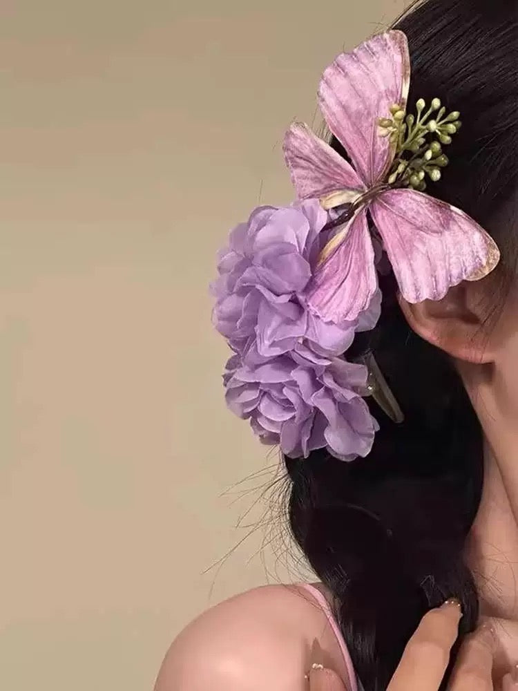 Butterfly around purple flowers hair claw