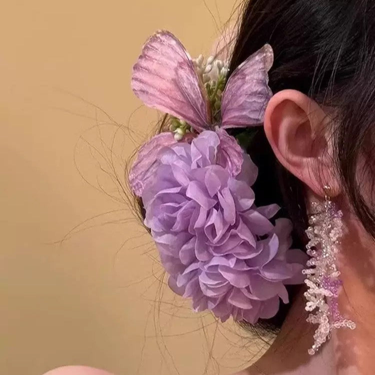 Butterfly around purple flowers hair claw