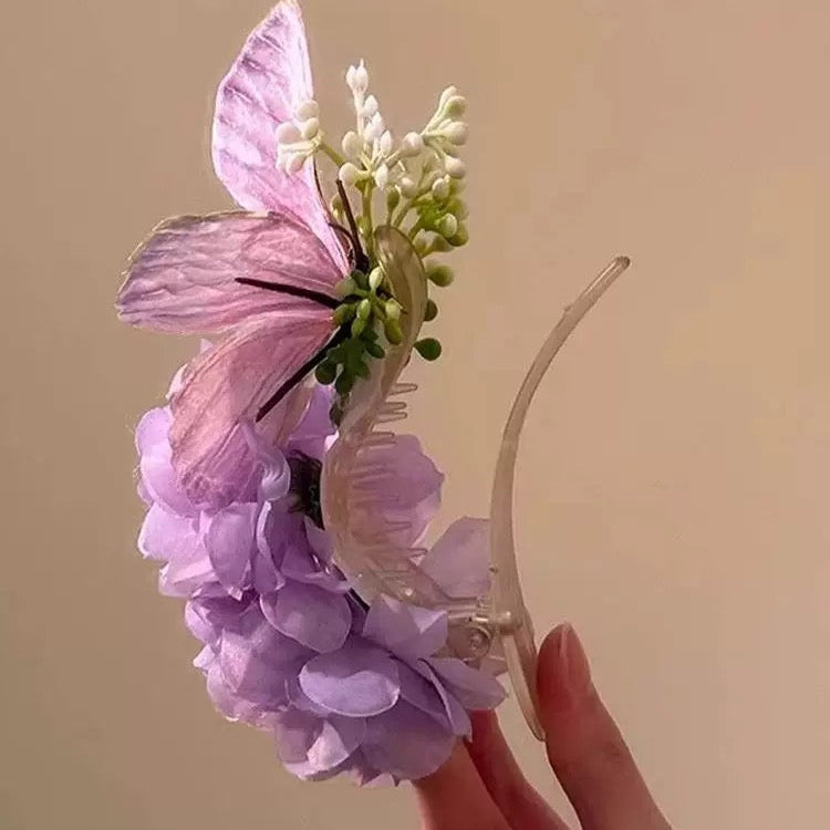 Butterfly around purple flowers hair claw