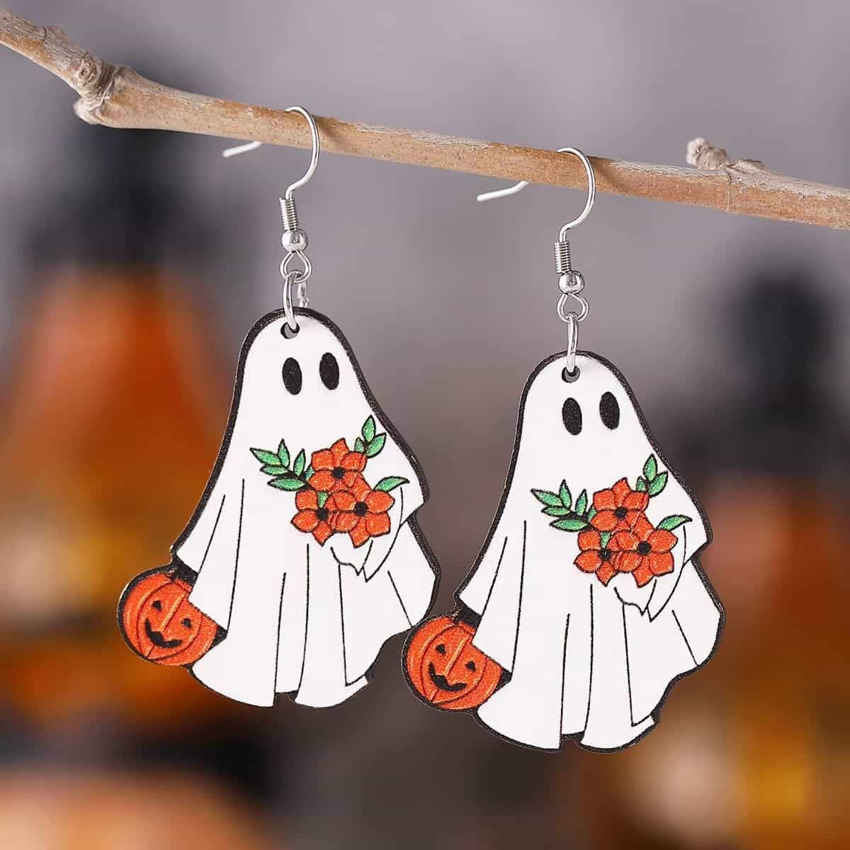 Ghost Wooden Earrings With Pumpkin