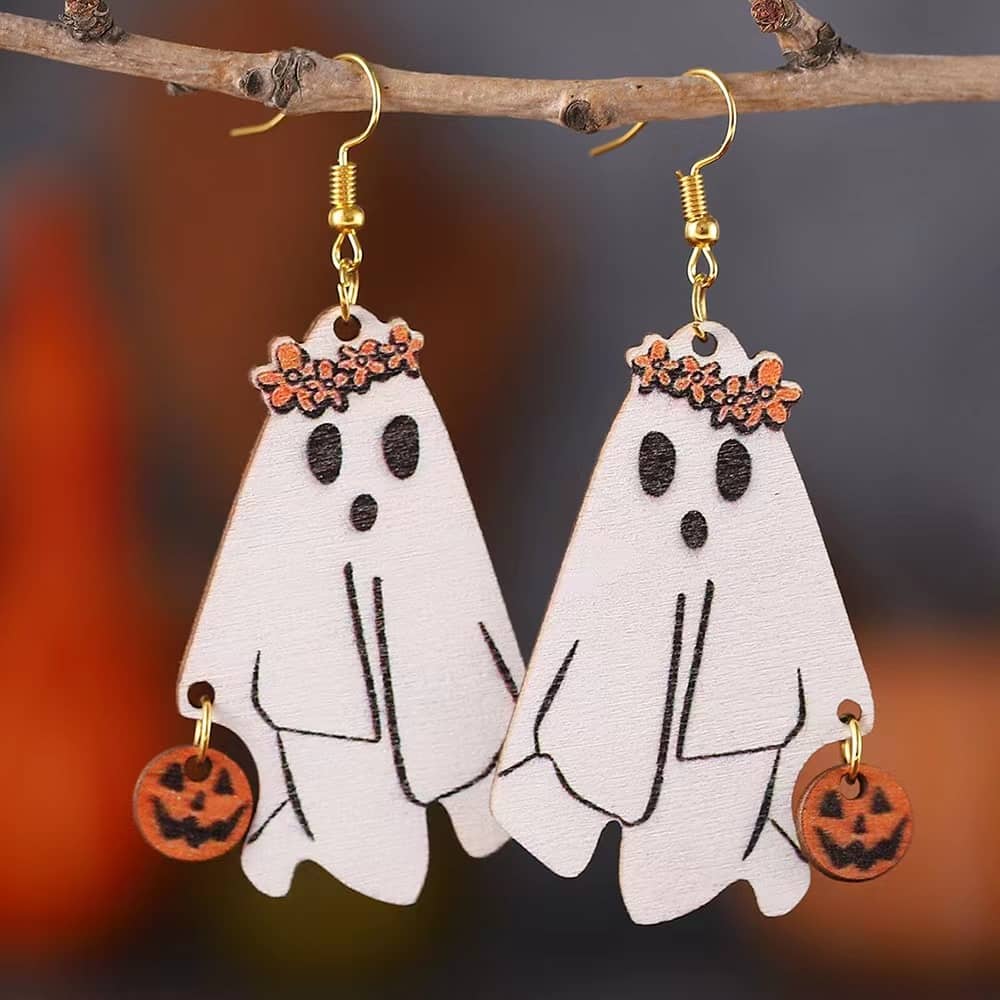 Ghost Wooden Earrings With Jack-O'-Lantern