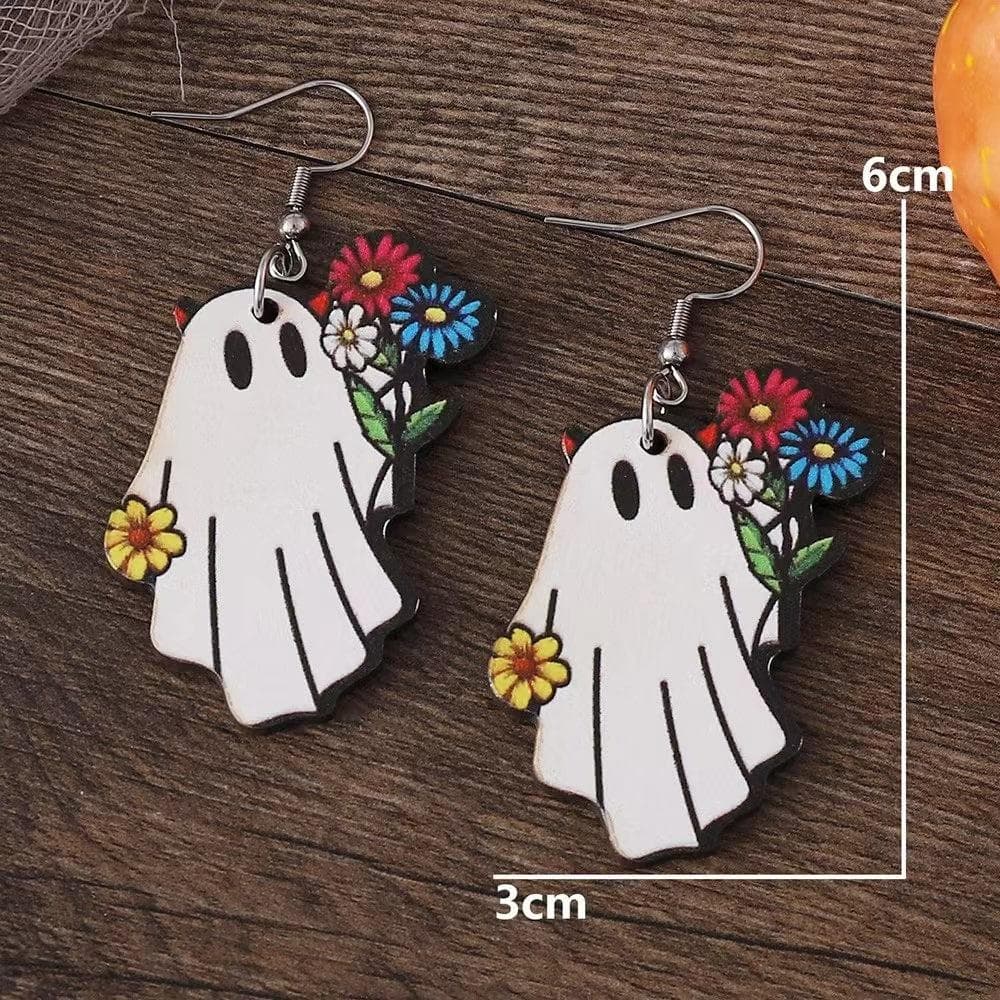 Ghost Wooden Earrings With Bouquet