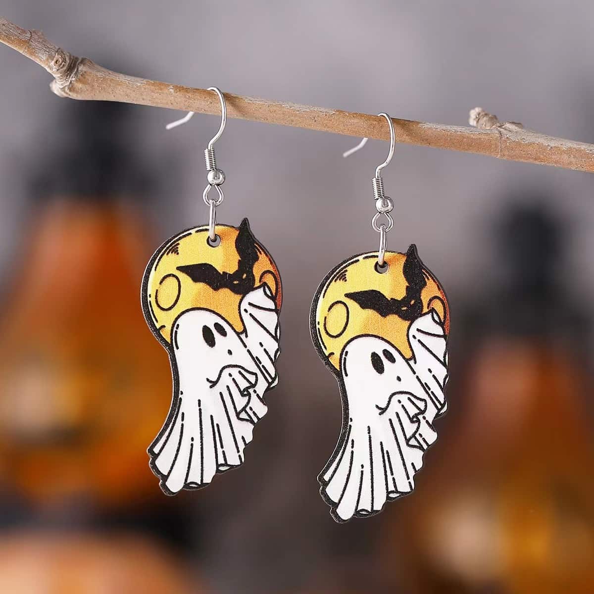 Ghost Wooden Earrings With Bat