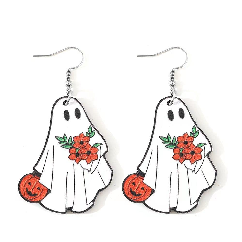 Ghost Wooden Earrings With Pumpkin