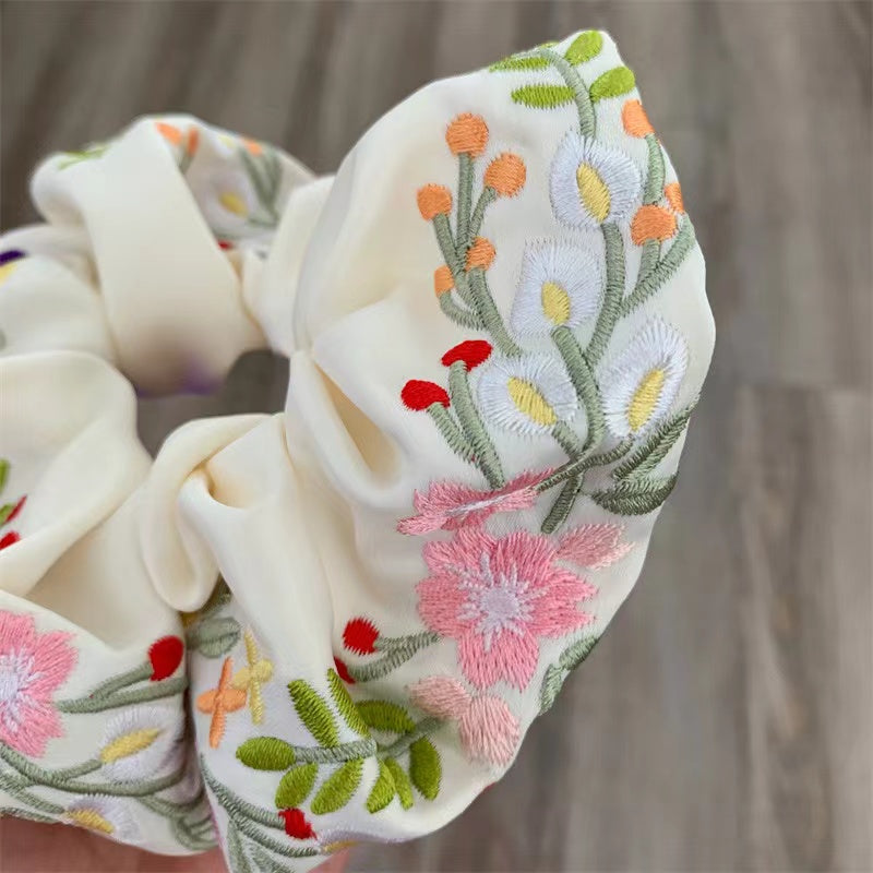 Embroidered Flowers Scrunchie