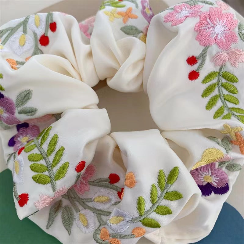 Embroidered Flowers Scrunchie