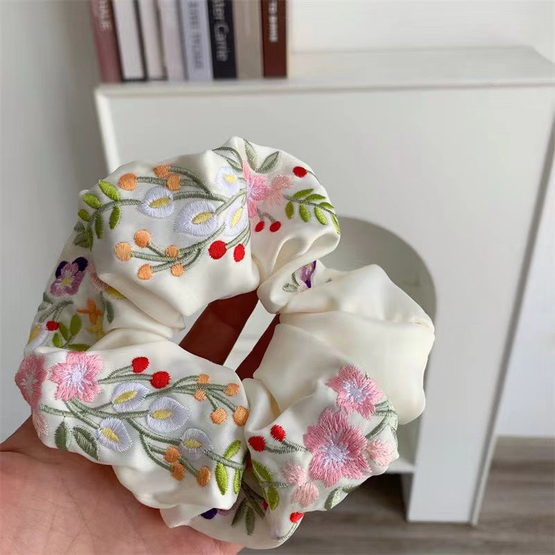 Embroidered Flowers Scrunchie