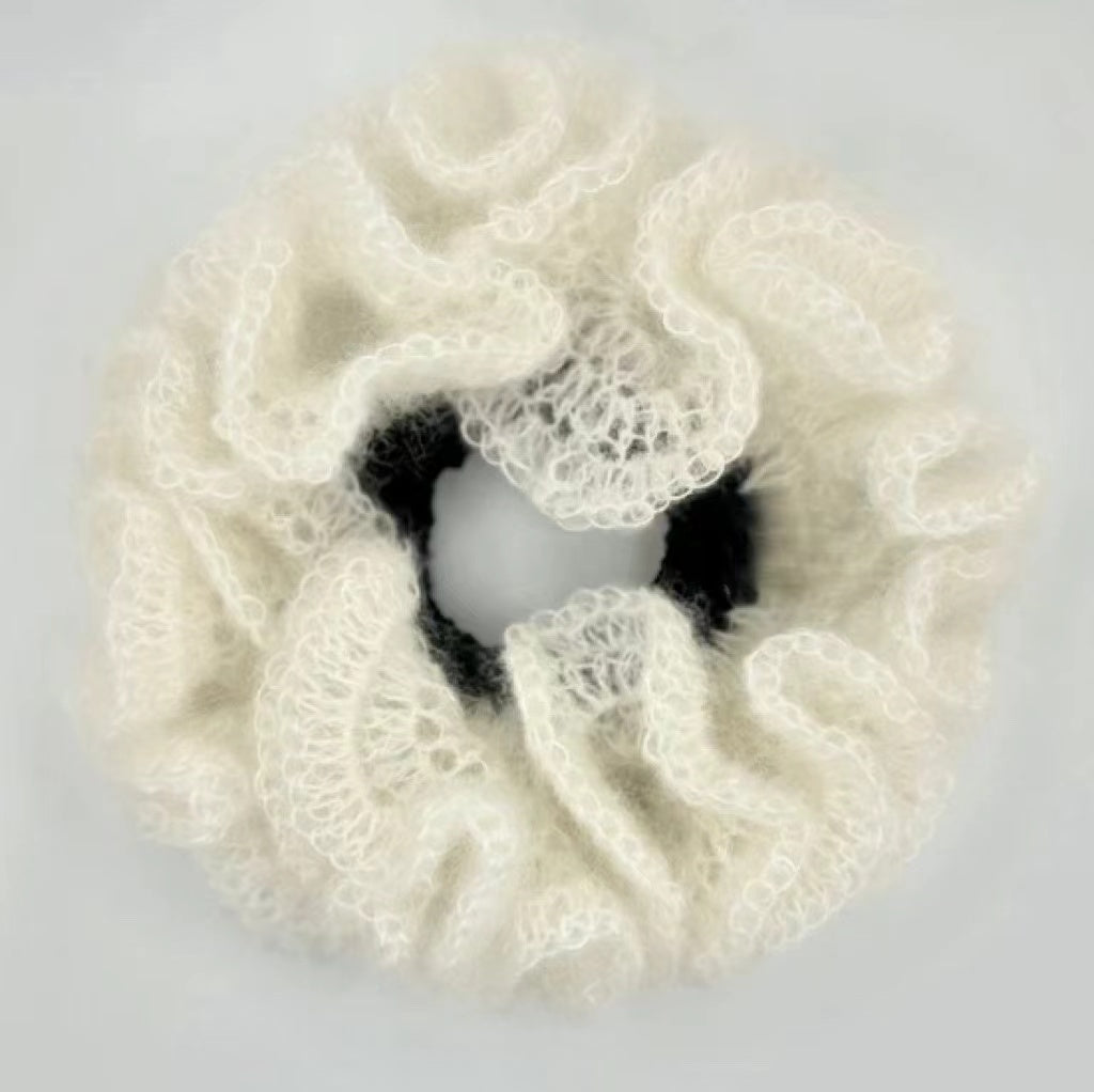 Handmade Knit Flower Scrunchie within White