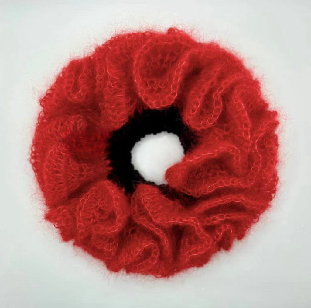 Handmade Knit Flower Scrunchie within Red