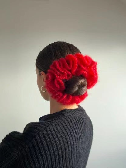 Handmade Knit Flower Scrunchie within Red