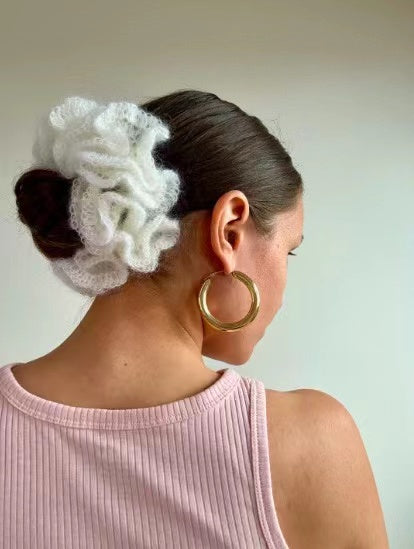 Handmade Knit Flower Scrunchie within White