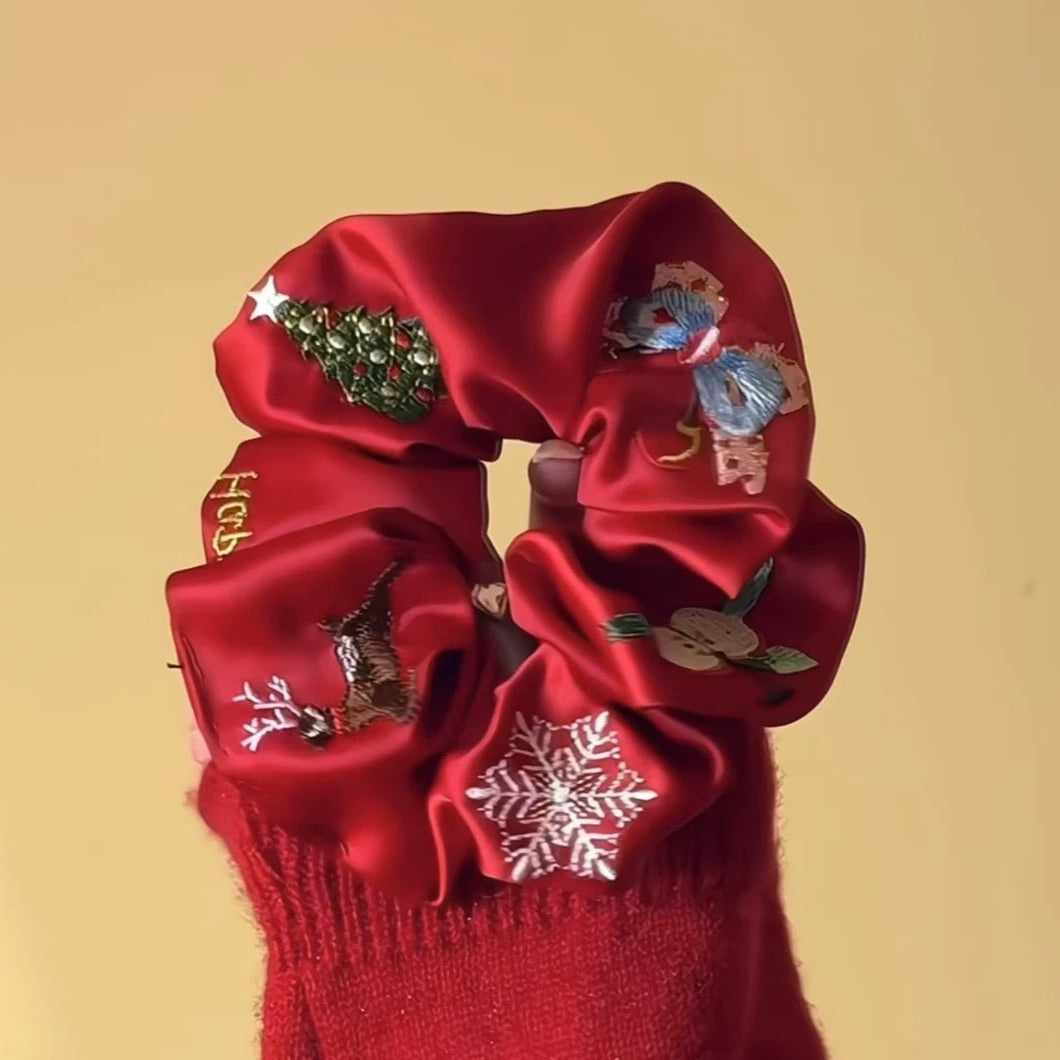 Christmas embroidered Scrunchie within Red