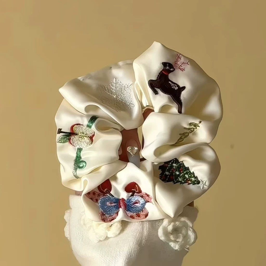 Christmas embroidered hair Scrunchie within Snow