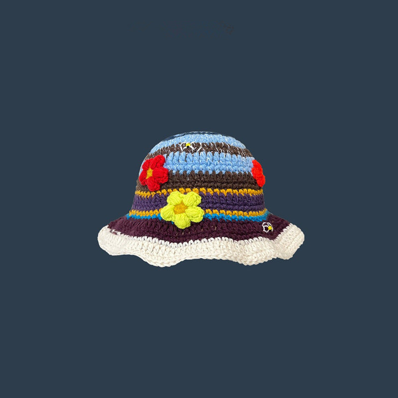 Handmade Knitted Stripe Flowers Fisherman Hat