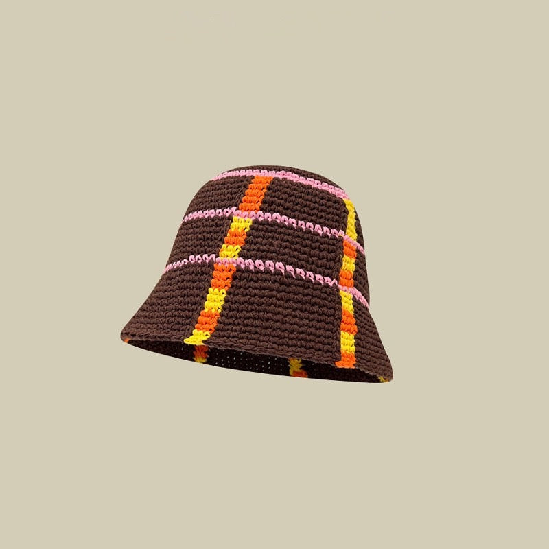 Handmade Knitted Contrasting Plaid Fisherman Hat