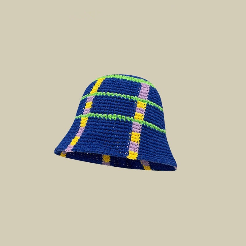 Handmade Knitted Contrasting Plaid Fisherman Hat